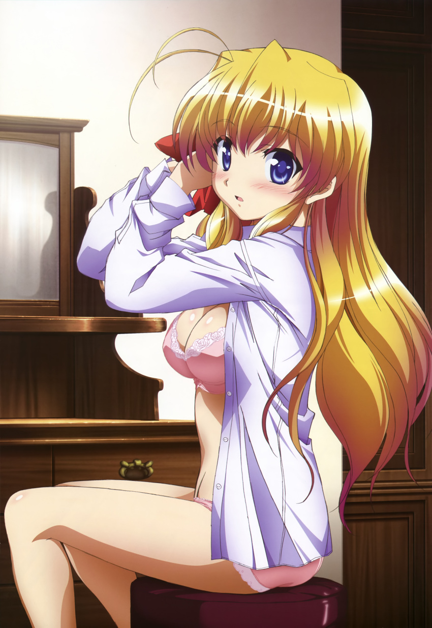 1girl :o absurdres antenna_hair blonde_hair blue_eyes blush bow bra breasts cleavage embarrassed fortune_arterial from_behind gradient_hair hair_bow hairdressing highres isono_satoshi lace lace_bra lace_panties lingerie long_hair looking_back multicolored_hair no_pants nyantype official_art open_clothes open_shirt panties pink_bra pink_panties scan sendou_erika shirt sitting solo stool surprised underwear very_long_hair