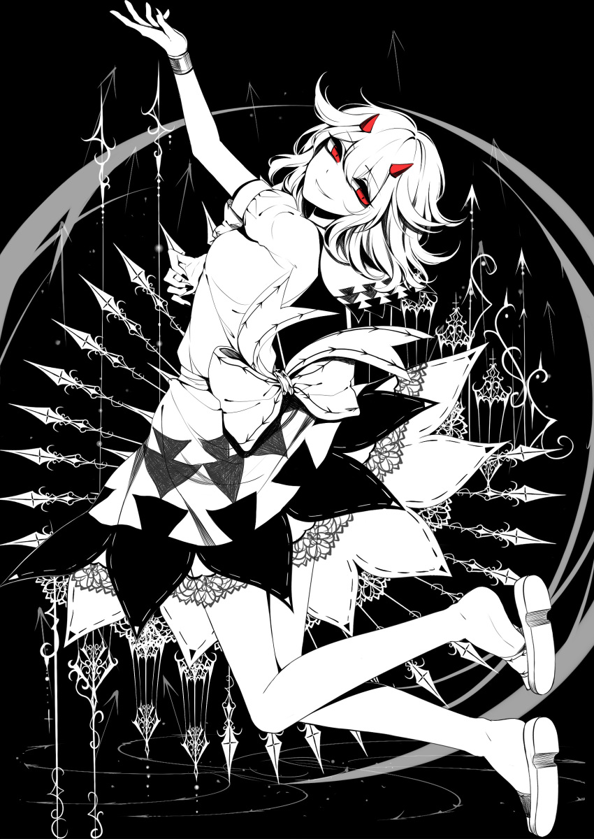 1girl absurdres arm_up arrow bangs black_background black_nails bow breasts cuffs dress eyebrows eyebrows_visible_through_hair from_side full_body hair_between_eyes highres horns kijin_seija lace looking_at_viewer monochrome nail_polish parted_lips red_eyes sash sheya shoe_soles short_hair short_sleeves skirt small_breasts smirk solo spot_color touhou