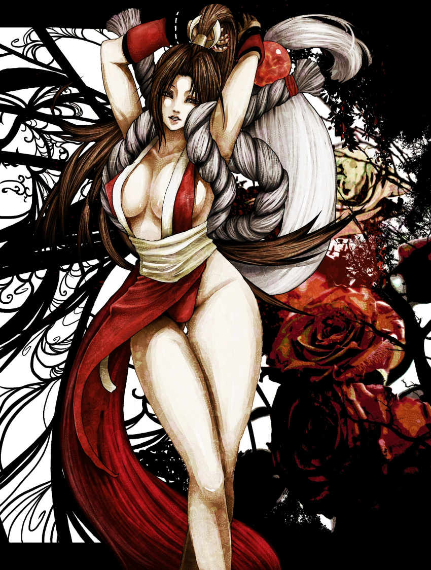 1girl absurdres armpits bad_id bare_shoulders breasts brown_eyes brown_hair cleavage fatal_fury highres hikitsu japanese_clothes king_of_fighters knot large_breasts long_hair panties pelvic_curtain ponytail revealing_clothes rope shiranui_mai side_slit snk solo the_king_of_fighters thigh_gap thighs underwear