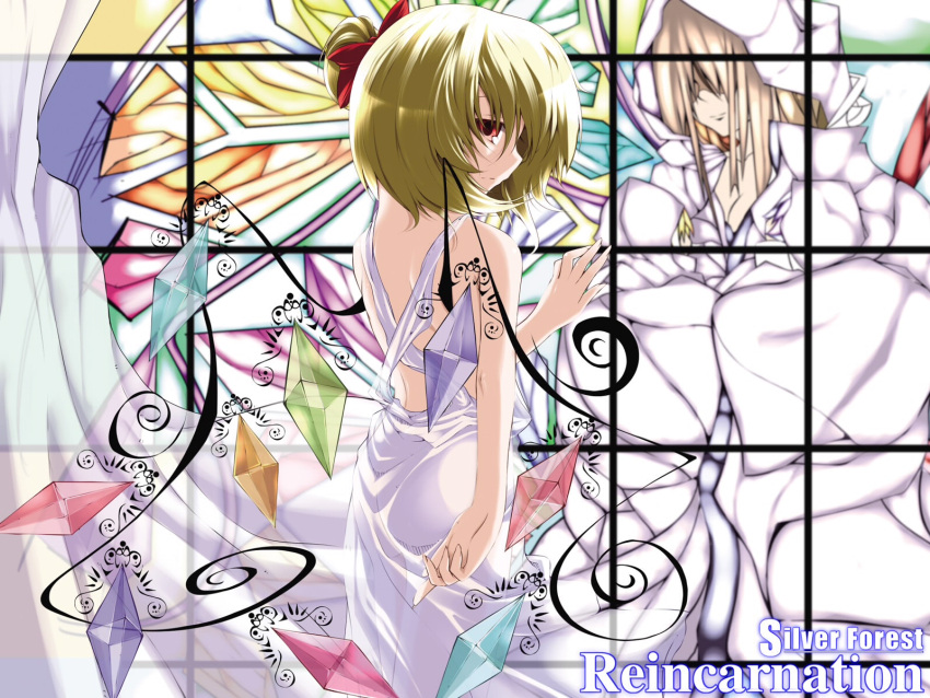 1girl album_cover alternate_costume alternate_wings back bare_shoulders blonde_hair cover dress female flandre_scarlet highres looking_back no_hat no_headwear red_eyes rondo_umigame see-through silver_forest solo the_embodiment_of_scarlet_devil touhou white_dress window wings
