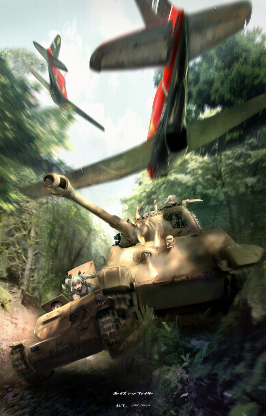 3girls absurdres aircraft airplane anchovy arm_support artist_name black_hair black_necktie black_shirt blue_eyes brown_eyes carro_veloce_cv-33 confin dress_shirt drill_hair firing forest girls_und_panzer green_hair grey_jacket ground_vehicle hair_ribbon highres itsumi_erika long_hair long_sleeves military military_vehicle motion_blur motor_vehicle multiple_girls nature necktie pepperoni_(girls_und_panzer) red_eyes ribbon shirt short_hair shoulder_belt signature silver_hair tank tiger_ii translated twin_drills twintails twitter_username vehicle_request
