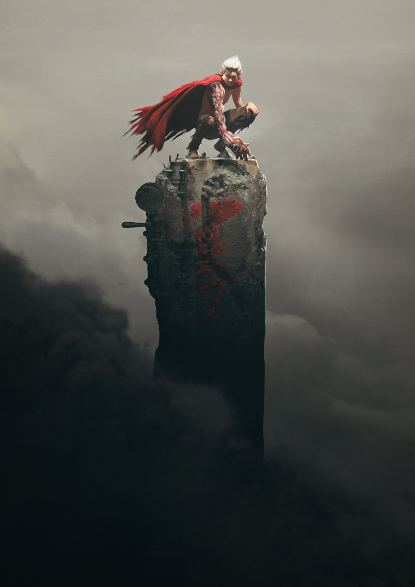 1boy akira asian barefoot black_pants cape clenched_teeth commentary d:&lt; guillem_h_pongiluppi hand_on_own_knee highres male_focus pants pillar realistic red_cape shima_tetsuo short_hair smoke solo squatting teeth topless torn_clothes torn_pants white_hair