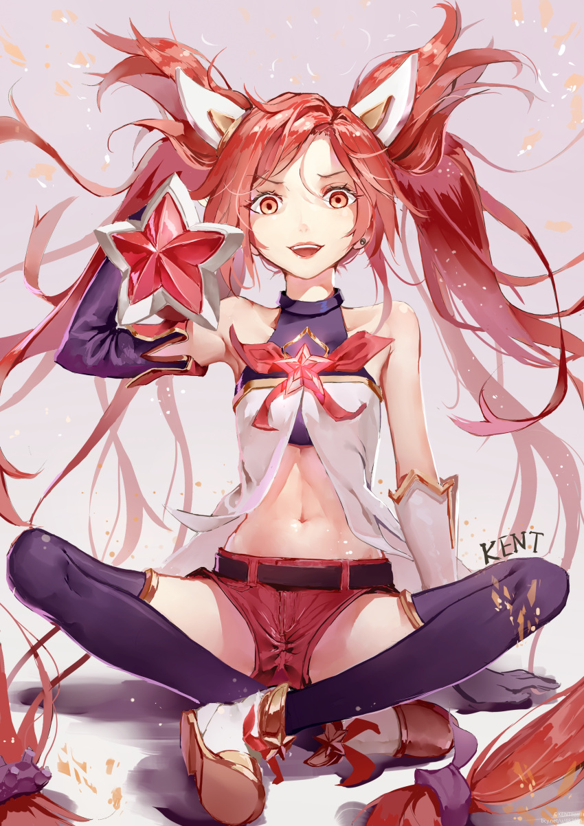 1girl absurdres alternate_costume alternate_hairstyle arm_support bare_shoulders belt black_legwear earrings gloves hair_ornament highres jewelry jinx_(league_of_legends) kentia league_of_legends legs_crossed long_hair looking_at_viewer open_mouth red_eyes redhead shorts sitting smile star star_guardian_jinx thigh-highs twintails