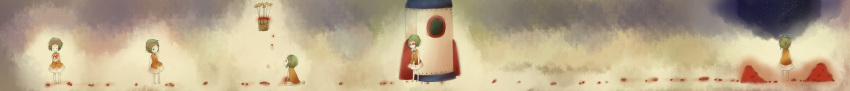 1girl absurdres atom_(yahny) barefoot campanella_(vocaloid) goggles goggles_on_head green_eyes green_hair gumi heart highres hot_air_balloon long_image paper_airplane rocket_ship short_hair skirt space_craft vocaloid wide_image