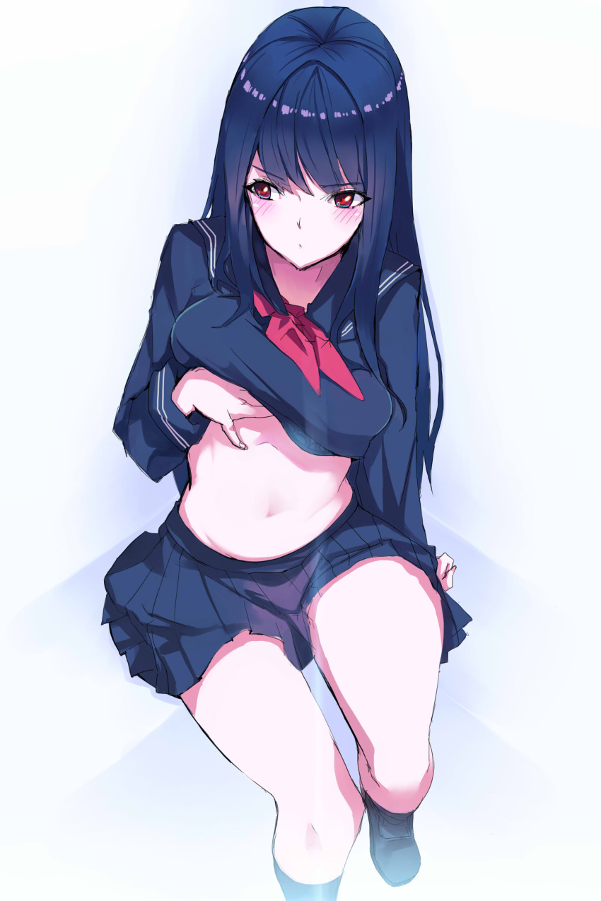 1girl absurdres arm_at_side arm_support bangs black_shoes blue_hair blue_skirt blush breast_lift breasts ceda_(dace) eyebrows eyebrows_visible_through_hair from_above highres long_hair long_sleeves looking_away looking_to_the_side medium_breasts miniskirt navel original pleated_skirt red_eyes school_uniform serafuku shirt_lift shoes sitting sketch skirt solo stomach unaligned_breasts white_background