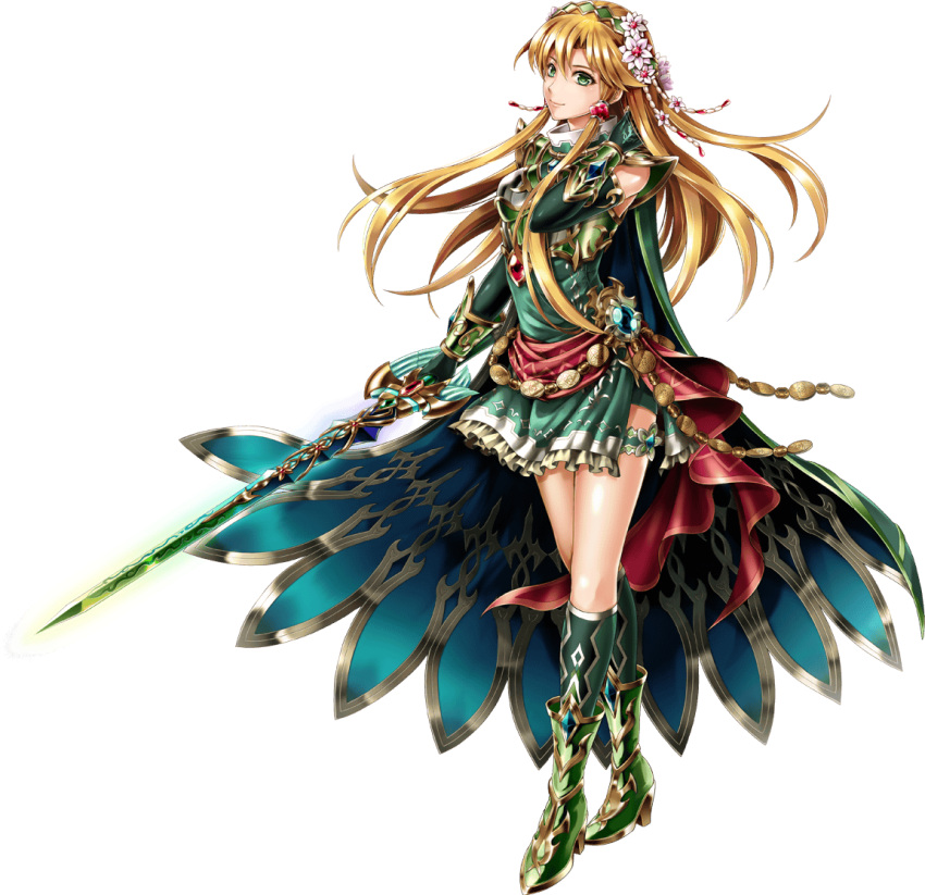 1girl armor belt blonde_hair boots brave_frontier cape hair_ornament hairband kneehighs legband libera_(brave_frontier) long_hair miniskirt ornate_armor ornate_clothing skirt smile solo sword transparent_background weapon wrist_guards