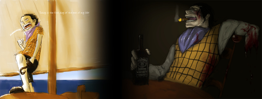 4chan alcohol amputee blood boat candy child cigar dark drawfag drinking dual_persona english highres hook hook_hand jack_daniel's lollipop long_image male_focus ocean one_piece product_placement scar severed_limb shichibukai ship sir_crocodile smoking watercraft whiskey wide_image younger