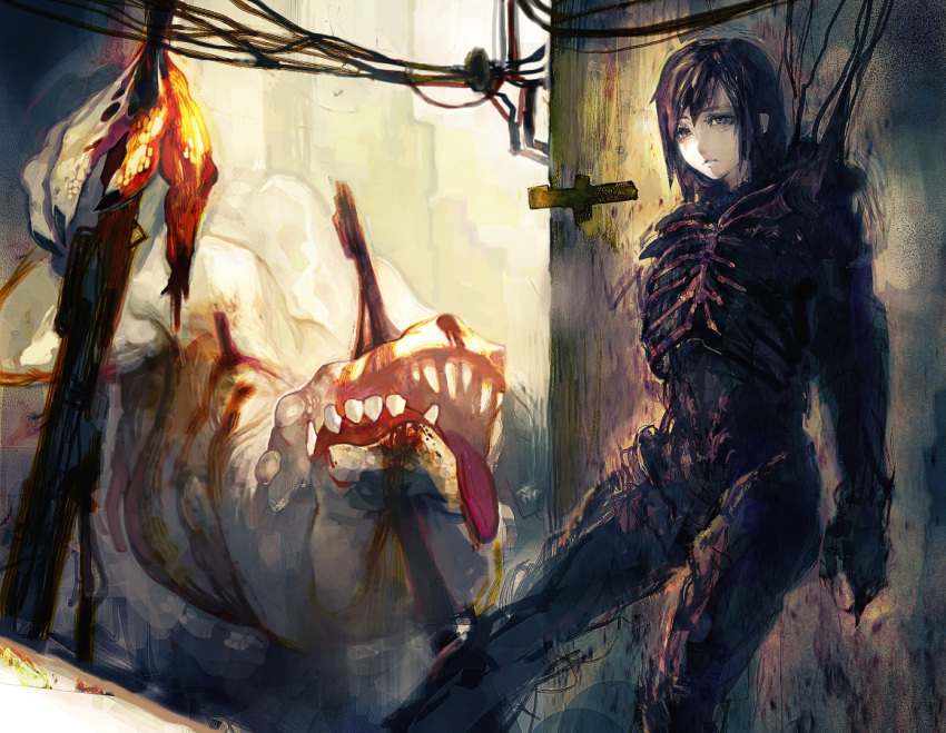 1girl abara armor black_hair blood exoskeleton female guana leaning monster ribs solo sugimoto_gang tongue