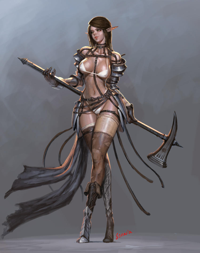 1girl absurdres armor artist_name asymmetrical_legwear bangs bare_shoulders between_breasts bikini boots breasts brown_gloves brown_hair brown_legwear collarbone elf erect_nipples eyelashes faulds female full_body gauntlets gloves gradient gradient_background green_eyes highleg highleg_bikini highres holding holding_weapon leather leather_boots legs_crossed long_hair nose original parted_lips pink_lips pointy_ears solo sonacia standing strap strap_gap string_bikini swept_bangs swimsuit teeth thigh-highs thigh_boots thigh_gap thigh_strap warhammer weapon weapon_on_back white_bikini