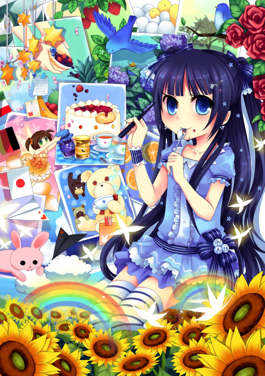 2girls artist_request banana bangs berries bird black_hair blue_dress blue_eyes blunt_bangs brown_hair butterfly cake center_frills character_request cherry_blossoms clouds copyright_request cup dress earrings eating egg eggshell fairy_wings flower food food_on_face frilled_sleeves frills fruit german_flag glint green_eyes hair_flower hair_ornament hair_ribbon hairclip hands hatching heart highres holding holding_spoon honey hydrangea italian_flag japanese_flag jar jewelry kokuchuutei long_hair melon multicolored_hair multiple_girls orange orange_slice paintbrush painting painting_(object) paper_airplane petals puffy_short_sleeves puffy_sleeves rabbit rainbow red_rose ribbon rose short_dress short_sleeves sitting snail spoon_in_mouth star strawberry striped striped_legwear striped_ribbon stuffed_animal stuffed_toy sunflower teacup teddy_bear thigh-highs twintails two-tone_hair very_long_hair wings wrist_cuffs zettai_ryouiki