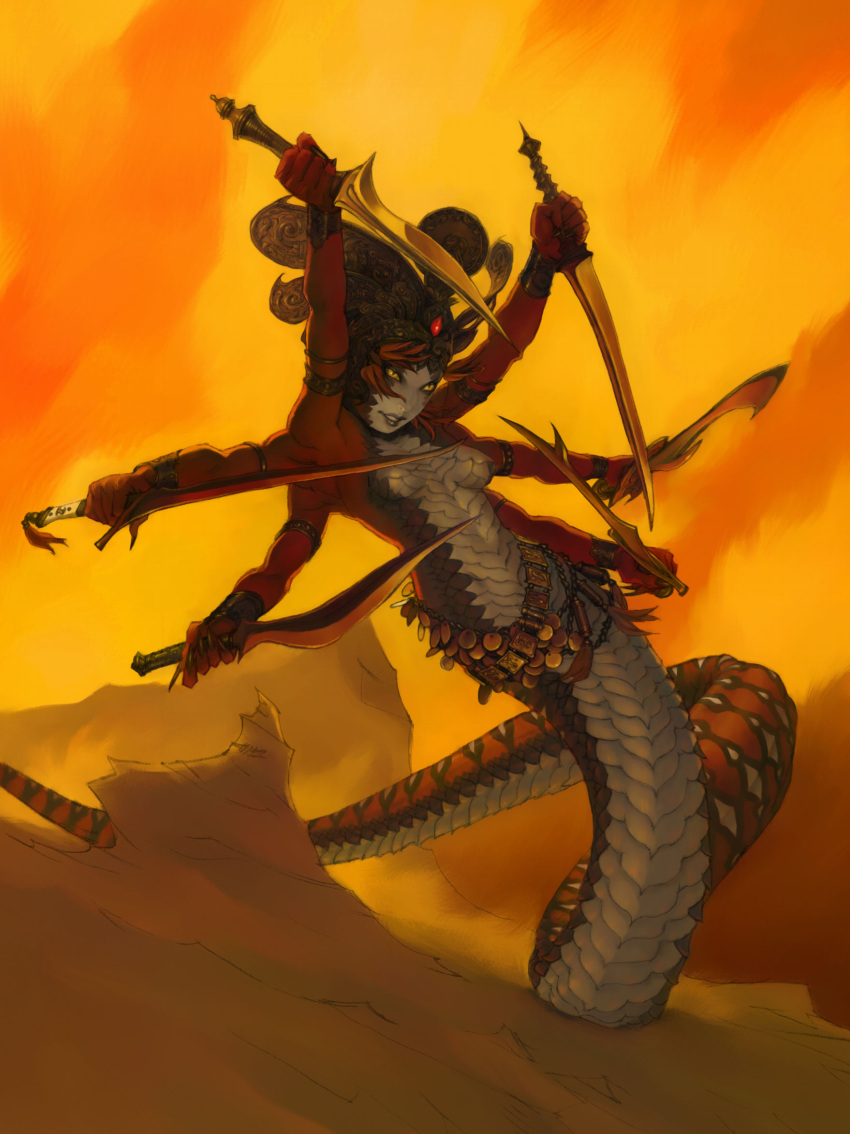 1girl artist_request bad_id extra_arms female final_fantasy final_fantasy_i highres lamia marilith monster_girl multi_arm multiple_arms redhead scales slit_pupils solo sword weapon yellow_eyes