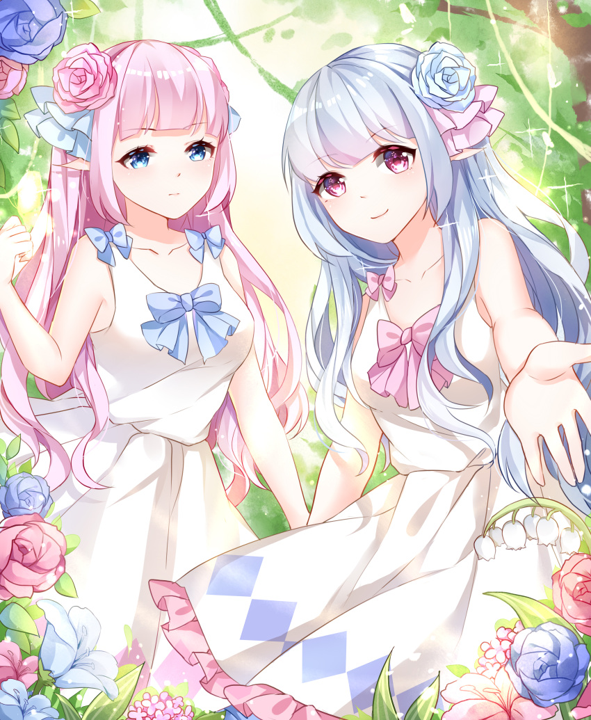 2girls absurdres blue_bow blue_eyes blue_flower blue_hair bow bowtie chuor_(chuochuoi) collarbone dress elbow_gloves eyebrows eyebrows_visible_through_hair flower gloves hair_flower hair_ornament highres long_hair looking_at_viewer multiple_girls original pink_bow pink_eyes pink_flower pink_hair pointy_ears smile white_dress
