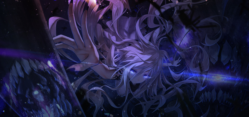 1girl :/ blue_eyes blurry boyogo breasts closed_mouth depth_of_field fingernails glowing hair_between_eyes highres kantai_collection long_fingernails long_hair medium_breasts open_mouth shinkaisei-kan submarine_hime teeth underwater very_long_hair white_hair