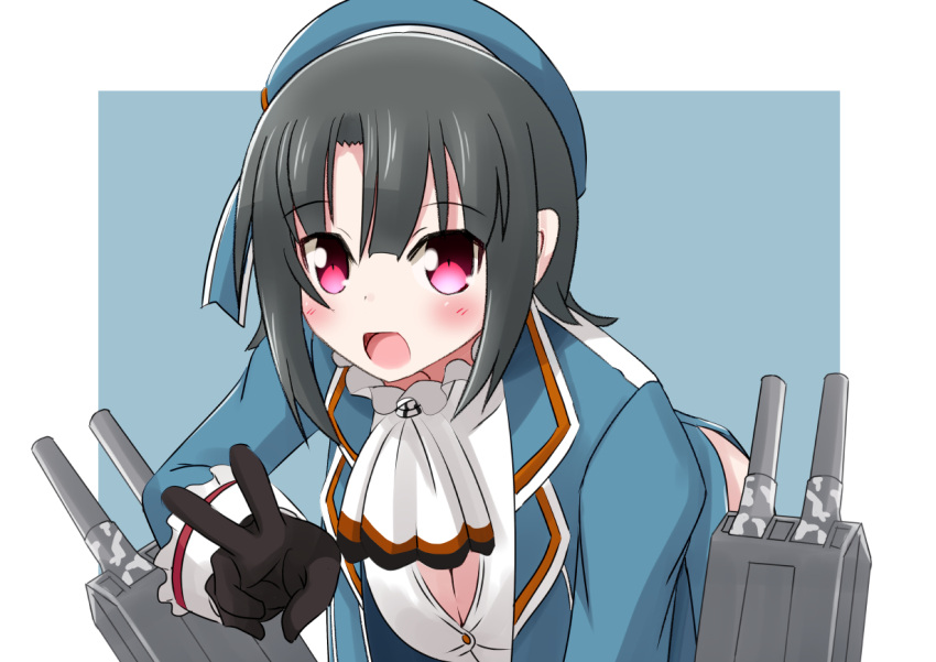1girl arm_under_breasts bangs beret black_gloves black_hair blue_headwear breasts closed_mouth gloves grey_background hat high_collar highres kantai_collection kurokoge large_breasts military military_uniform red_eyes short_hair takao_(kantai_collection) uniform white_neckwear