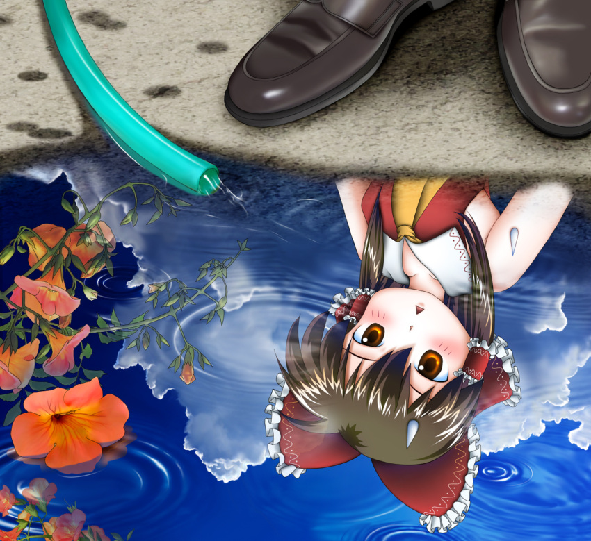 :&lt; ayanokouji close-up clouds female flower hakurei_reimu reflection shoes sky sweatdrop touhou upside-down water