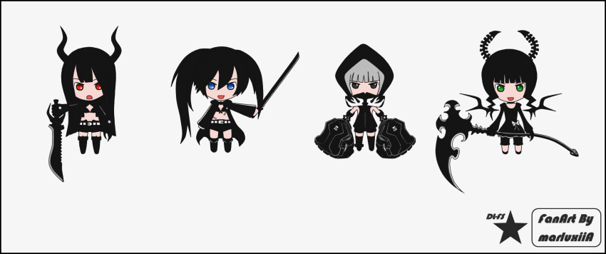 4girls :d bikini_top black_eyes black_gold_saw black_hair black_rock_shooter black_rock_shooter_(character) blue_eyes boots chibi claws dead_master demon_girl demon_tail demon_wings devil everyone gloves green_eyes grey_eyes grey_hair highres hood hoodie horns jacket katana long_hair marluxiia multiple_girls open_mouth red_eyes scar scythe short_hair shorts smile star strength_(black_rock_shooter) sword tail trench_coat twintails uneven_twintails weapon white_hair wings