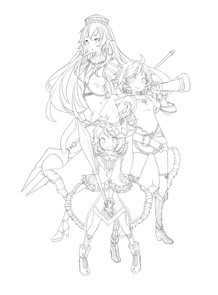&gt;:) 3girls :d absurdres ahoge armband armpits bad_id bangs bare_shoulders belt beltskirt blush boots feathers flat_chest frills full_body gloves hat hat_feather high_heels highres holding holding_weapon knee_boots kneehighs light_smile lineart long_hair looking_at_viewer lucent_heart monochrome multiple_girls open_mouth over_shoulder parted_bangs polearm reika_(artist) reika_(clovia_studio) short_hair simple_background small_breasts smile spear staff standing swept_bangs thigh-highs triangle_mouth trident v_arms very_long_hair weapon wide_sleeves witch_hat