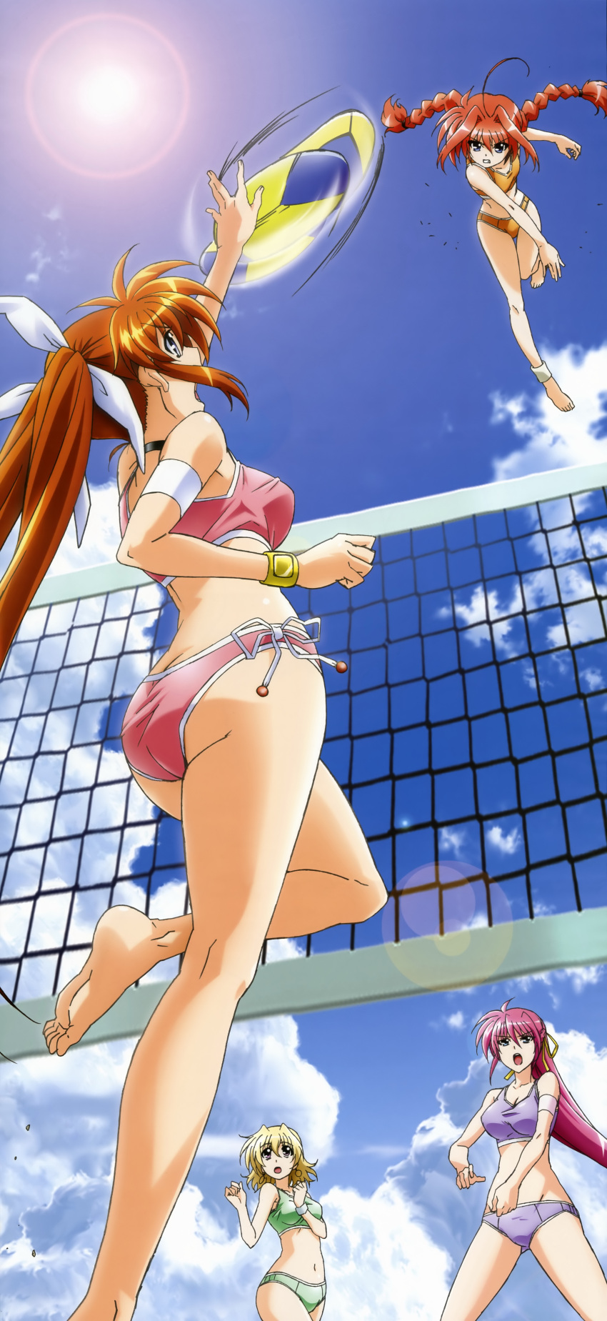 4girls absurdres ahoge anklet armband ass barefoot beach_volleyball bikini blonde_hair blue_eyes bow bracelet braid brown_hair butt_crack choker clouds day earrings feet hair_bow hair_ribbon hashimoto_takayoshi highres jewelry jumping legs lens_flare long_hair long_image lyrical_nanoha mahou_shoujo_lyrical_nanoha mahou_shoujo_lyrical_nanoha_strikers multiple_girls nyantype official_art open_mouth outdoors pink_hair ponytail ribbon shamal side-tie_bikini signum sky stick_poster sun swimsuit takamachi_nanoha tall_image twin_braids twintails very_long_hair violet_eyes vita volleyball