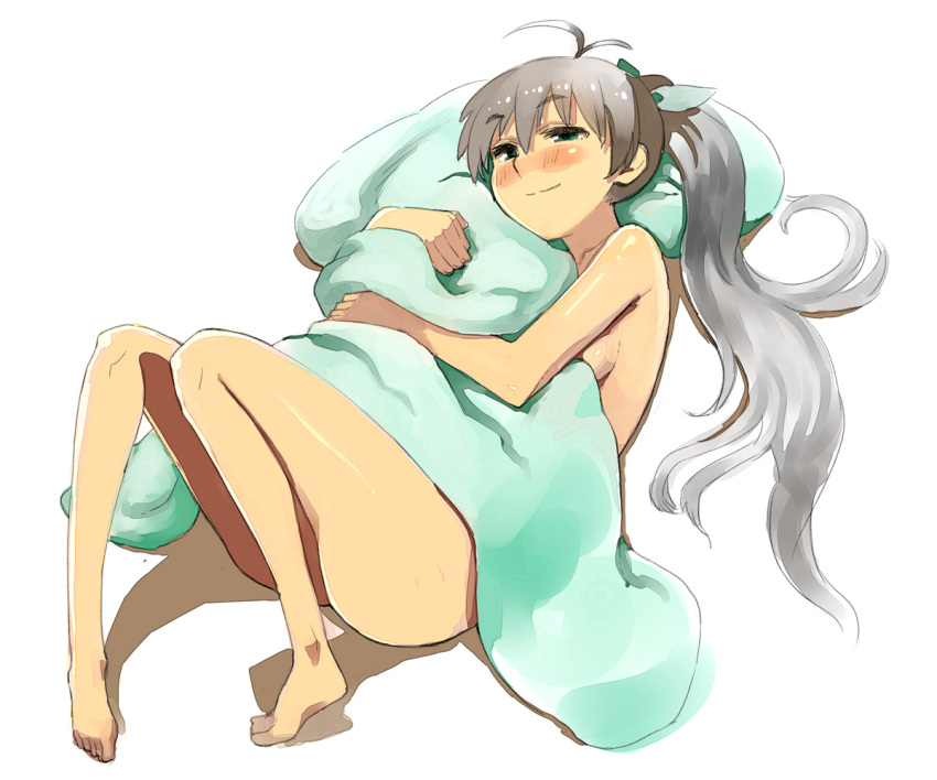 1girl ahoge barefoot blanket blush feet ganaha_hibiki idolmaster naked_sheet nude pillow pillow_hug ponytail sketch smile solo yu_65026