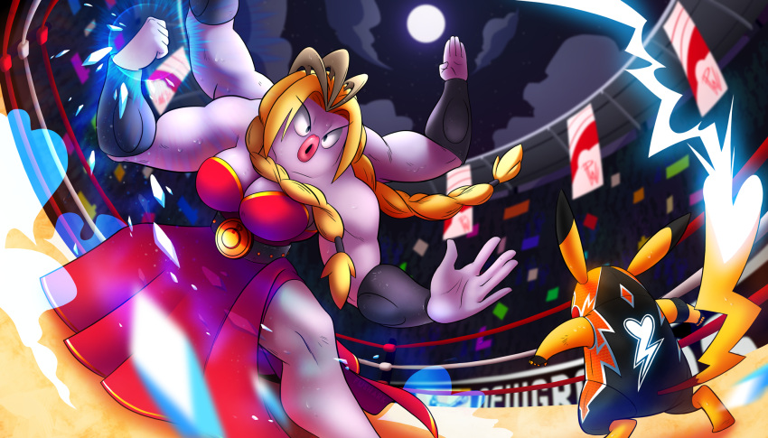 1girl biceps braid cosplay_pikachu dress extra_arms fighting_stance fushark fusion highres jynx machamp muscle muscular_female perspective pikachu pokemon pokemon_(creature) puffy_lips purple_skin stadium sweat toned twin_braids wrestling_outfit wrestling_ring