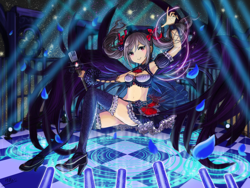 1girl absurdres checkered checkered_floor chuunibyou drill_hair glowstick highres hmax idolmaster idolmaster_cinderella_girls idolmaster_cinderella_girls_starlight_stage kanzaki_ranko long_hair magic_circle microphone petals puffy_short_sleeves puffy_sleeves red_eyes short_sleeves silver_hair smile solo thigh-highs twin_drills twintails wings