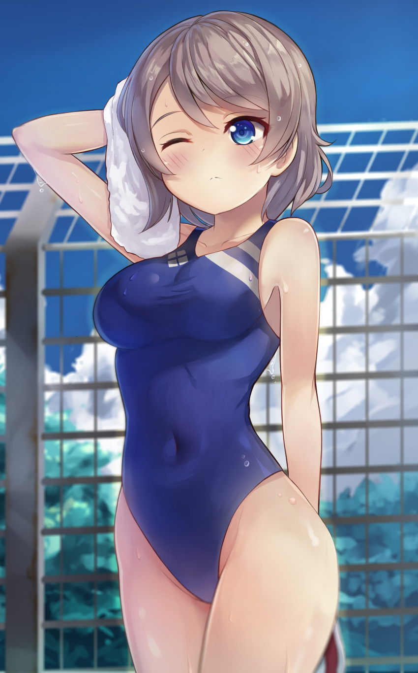 1girl absurdres blue_eyes blush breasts brown_hair competition_swimsuit highres love_live! love_live!_sunshine!! motokonut one-piece_swimsuit one_eye_closed short_hair solo swimsuit towel watanabe_you wet