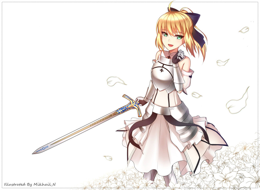1girl ahoge armor armored_dress blonde_hair excalibur fate/grand_order fate/unlimited_codes fate_(series) green_eyes highres mikhail_n ponytail saber saber_(weapon) saber_lily skirt sword type-moon weapon