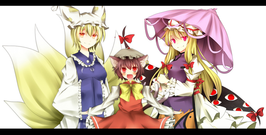 3girls :d animal_ears bad_id blonde_hair brown_hair cat_ears cat_tail chen earrings eyes fang female fox_tail gap hands_in_sleeves hat jewelry letterboxed multiple_girls multiple_tails open_mouth outstretched_arms parasol pasutel pink_eyes red_eyes short_hair simple_background single_earring smile spread_arms tail touhou umbrella yakumo_ran yakumo_yukari