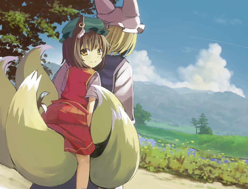 2girls animal_ears bad_id blonde_hair brown_hair cat_ears cat_tail chen dutch_angle earrings female from_behind hat hidebo highres jewelry landscape looking_back meadow multiple_girls multiple_tails piggyback short_hair skirt smile tail touhou yakumo_ran yellow_eyes
