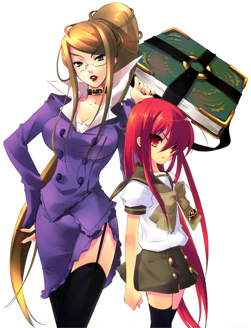 2girls absurdres alastor_(shakugan_no_shana) blonde_hair blue_eyes book breasts choker cleavage flat_chest formal garter_straps glasses highres itou_noiji jewelry large_breasts legs long_hair marchosias margery_daw mature milf multiple_girls pencil_skirt pendant ponytail red_eyes redhead school_uniform shakugan_no_shana shana side_slit skirt skirt_suit suit thigh-highs thighs zettai_ryouiki