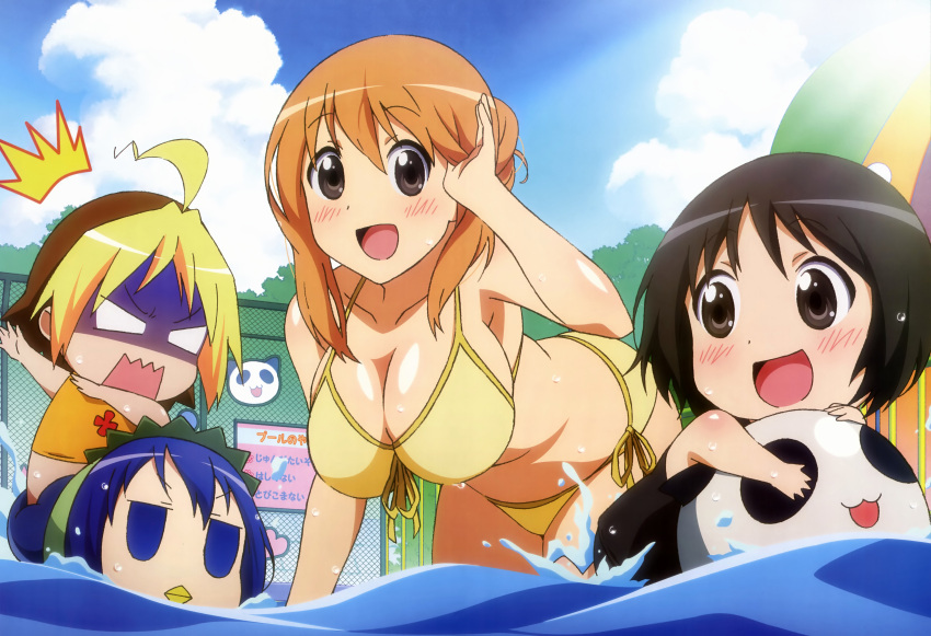 /\/\/\ 4girls absurdres age_difference ahoge anzu_(hanamaru_youchien) bikini blonde_hair blue_eyes blue_hair blush breast_envy breasts brown_eyes brown_hair child cleavage clouds empty_eyes hanamaru_youchien highres hiiragi_(hanamaru_youchien) kappa koume_(hanamaru_youchien) large_breasts leaning_forward long_hair multicolored_hair multiple_girls nyantype official_art onoda_masahito open_mouth orange_hair pool short_hair side-tie_bikini sky swimsuit turn_pale water yamamoto_nanako