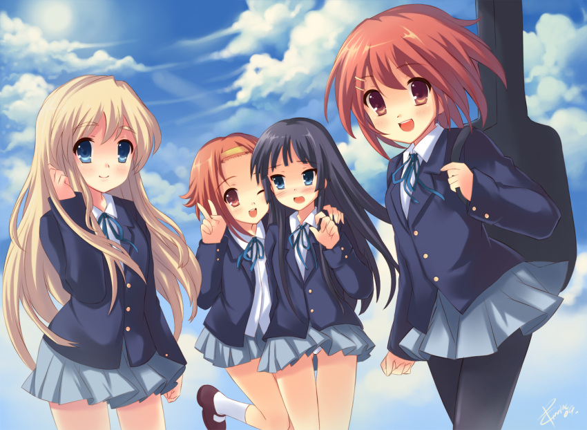 4girls adjusting_hair akiyama_mio bangs black_hair blazer blonde_hair blue_eyes blunt_bangs blush bob_cut brown_eyes brown_hair guitar_case hair_ornament hairband hairclip hime_cut hirasawa_yui instrument_case k-on! kotobuki_tsumugi laughing long_hair miniskirt multiple_girls one_eye_closed open_mouth panties pantyhose pantyshot pantyshot_(standing) pcmaniac88 pleated_skirt red_eyes redhead ribbon school_uniform shoes short_hair sidelocks skirt skirt_lift sky smile socks standing tainaka_ritsu underwear upskirt v white_panties wind wind_lift wink