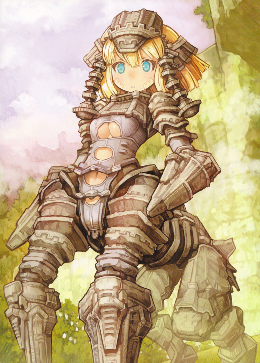 1girl absurdres aqua_eyes blonde_hair breasts centaur cleavage colossus facial_mark giant giantess highres monster_girl personification phaedra scan shadow_of_the_colossus shigatake short_hair solo under_boob