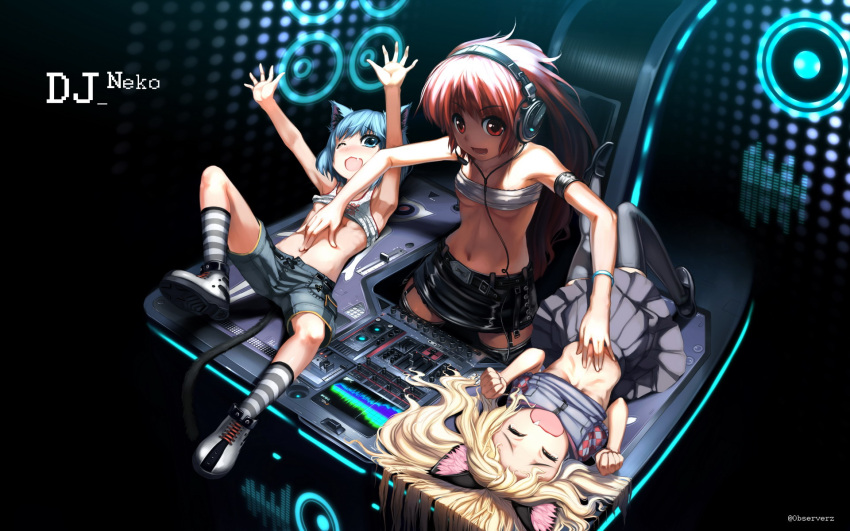 3girls age_difference animal_ears bandeau blonde_hair blue_eyes blue_hair breasts cat_ears child closed_eyes dj fang hands headphones highres legs medium_breasts midriff mixer multiple_girls navel observerz original red_eyes redhead sarashi shirt_lift skirt small_breasts strapless tickling tubetop under_boob wallpaper wince