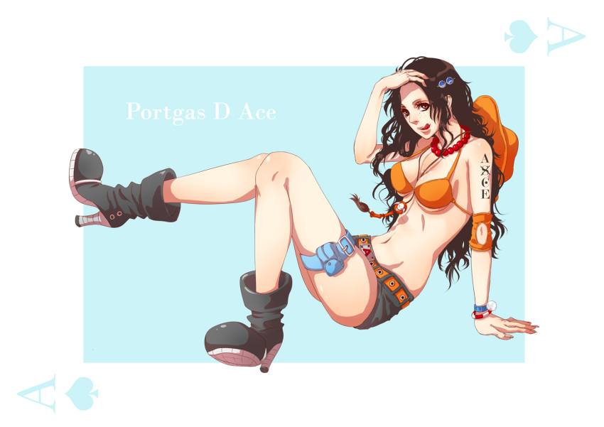 1girl bikini_top black_hair boots breasts card character_name cleavage female freckles genderswap genderswap_(mtf) hat jewelry layla_(coco&amp;chic) legs long_hair medium_breasts necklace one_piece portgas_d_ace shorts sitting solo spade stampede_string tattoo thigh_strap tongue