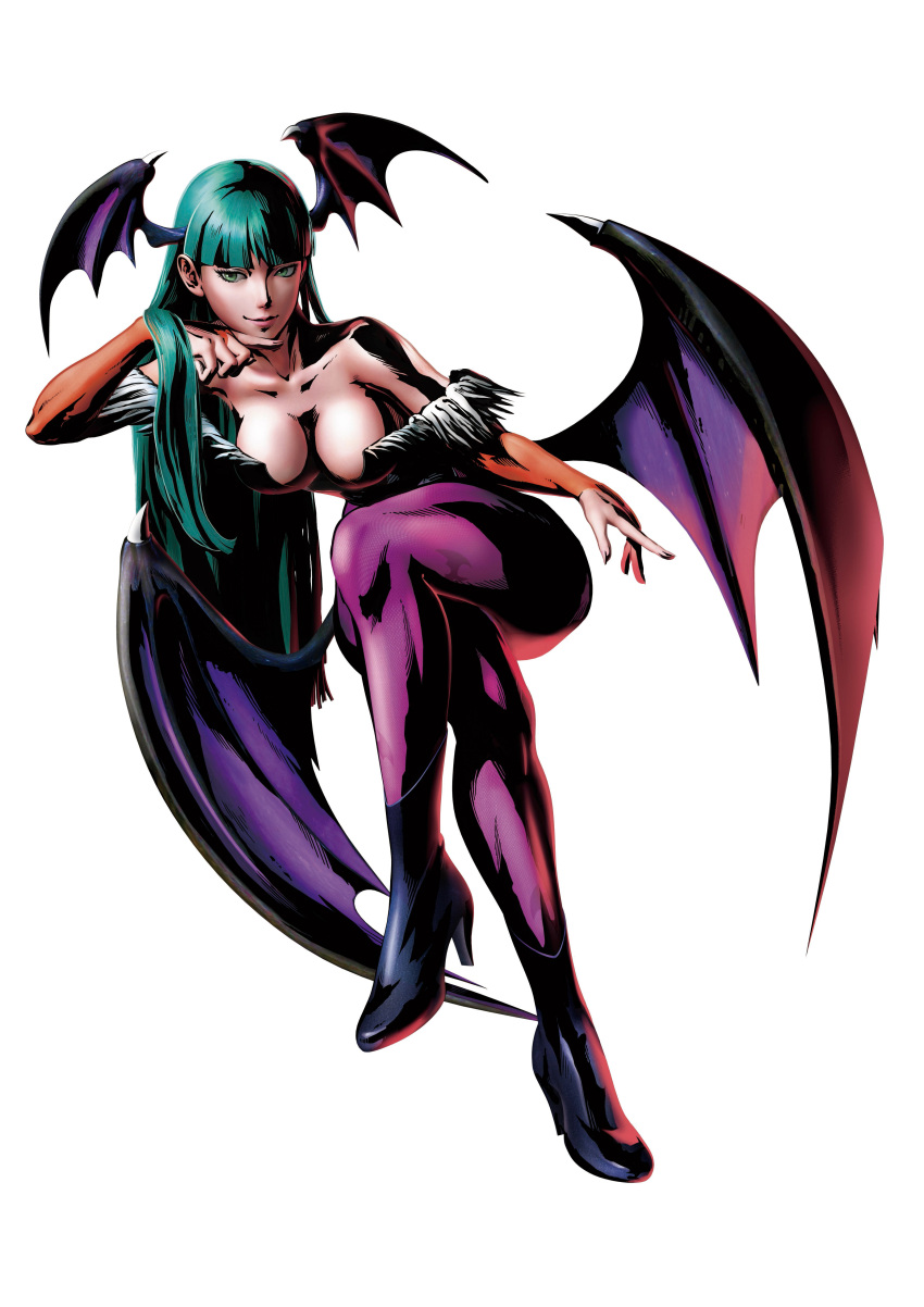 1girl 3d absurdres bat_print breasts capcom cleavage crossed_legs demon_girl female full_body green_eyes green_hair head_wings highres large_breasts leotard long_hair low_wings marvel marvel_vs._capcom marvel_vs._capcom_3 mori_toshiaki morrigan_aensland official_art pantyhose print_legwear simple_background solo succubus vampire_(game) white_background wings