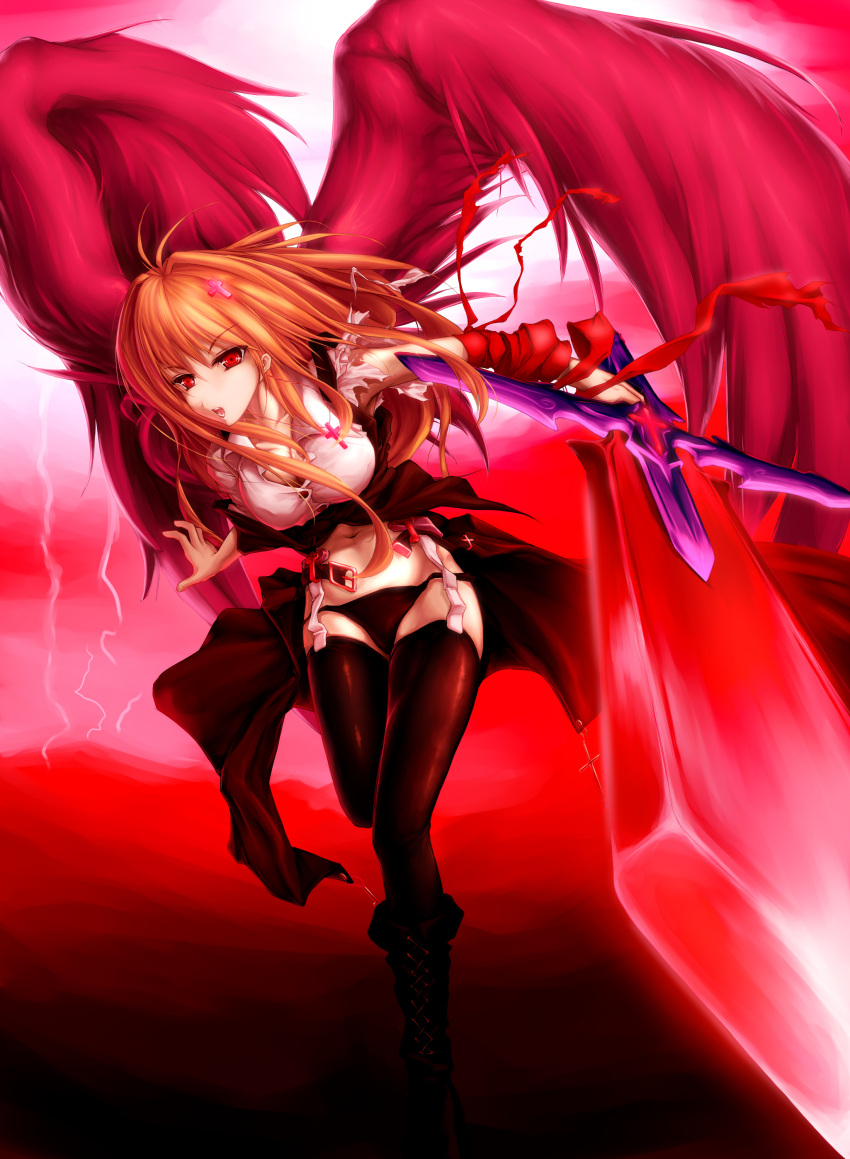 1girl absurdres bandage blonde_hair boots breasts cleavage cross die_blonde_bestie error ex-rumia female garter_belt hair_ornament hairclip highres jewelry large_breasts navel necklace panties red_eyes rumia solo sword the_embodiment_of_scarlet_devil thigh-highs touhou underwear weapon wings youkai