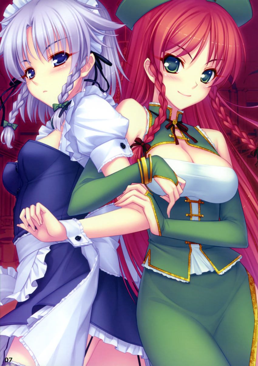 2girls absurdres blue_eyes braid breasts china_dress chinese_clothes cleavage dress female garter_straps green_eyes highres hong_meiling izayoi_sakuya locked_arms long_hair maid multiple_girls redhead ribbon sayori short_hair silver_hair smile source_request the_embodiment_of_scarlet_devil touhou twin_braids