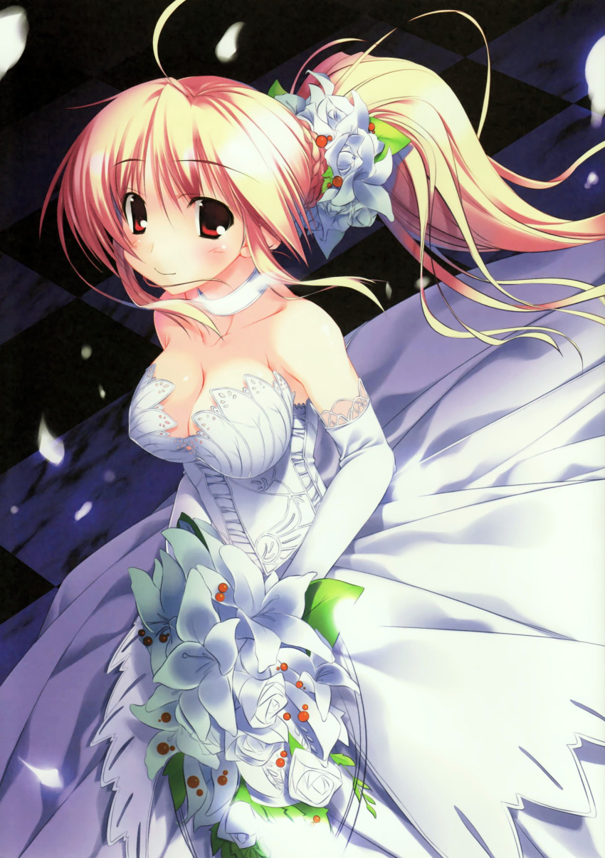 1girl absurdres blonde_hair bouquet breasts bride cleavage dress flower highres kagome_(traumatize) large_breasts ponytail red_eyes solo strapless strapless_dress wedding_dress