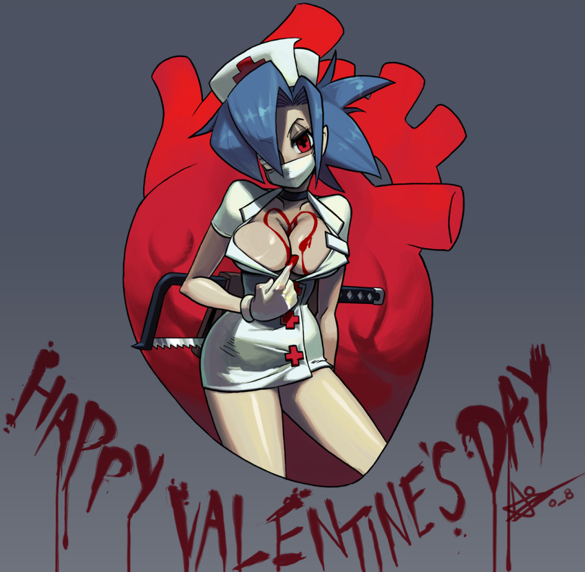 +_+ 1girl alex_ahad bare_legs blood blue_hair breasts choker cleavage female gloves happy_valentine heart heart_(organ) lab_zero_games mask no_bra nurse red_eyes saw skullgirls solo surgical_mask thighs valentine valentine_(skullgirls) weapon white_gloves