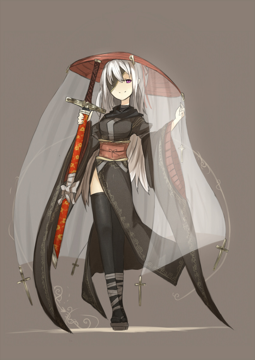 1girl bad_id christian_girl cross eyepatch ganesagi geta hat highres japanese_clothes kimono long_hair obi original rice_hat sash side_slit solo sword thigh-highs veil violet_eyes weapon white_hair