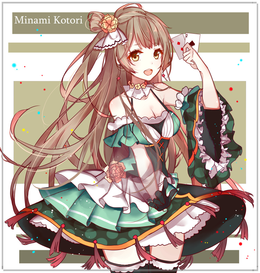 1girl absurdres akira_(ying) black_legwear breasts brown_eyes brown_hair card character_name cleavage detached_sleeves green_eyes highres holding holding_card long_hair love_live! love_live!_school_idol_project minami_kotori open_mouth see-through solo thigh-highs