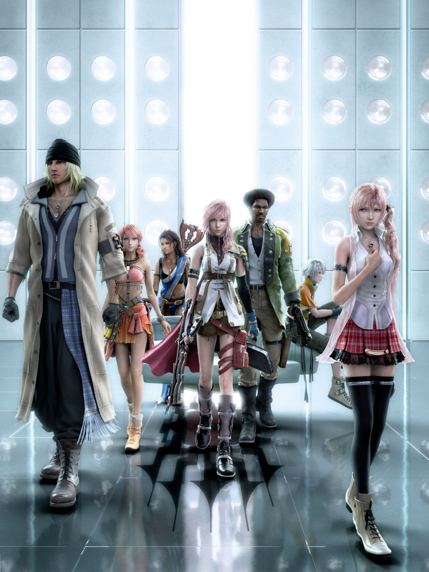 3d 4boys 4girls absurdres afro beanie belt black_hair black_headwear black_legwear black_thighhighs blonde_hair blue_eyes boots bracelet cape clenched_hand closed_mouth dark_skin earrings everyone final_fantasy final_fantasy_xiii fingerless_gloves full_body gloves gun hair_between_eyes hand_on_own_chest highres holding holding_gun holding_weapon hope_estheim jewelry lace lace-trimmed_skirt lace_trim legs lightning_farron lips long_hair looking_at_viewer looking_away multiple_boys multiple_girls necklace oerba_dia_vanille oerba_yun_fang official_art pink_hair plaid plaid_skirt sazh_katzroy serah_farron short_hair short_twintails siblings side_ponytail silver_hair sisters sitting skirt sleeveless sleeveless_shirt sleeveless_turtleneck snow_villiers standing tattoo thigh-highs turtleneck twintails weapon zettai_ryouiki zipper
