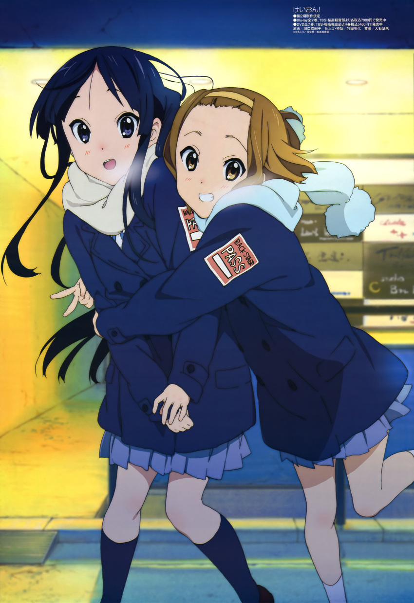 2girls absurdres akiyama_mio black_eyes black_hair blush breath brown_eyes brown_hair cold footwear grin hairband highres horiguchi_yukiko k-on! long_hair megami multiple_girls official_art open_mouth scarf school_uniform short_hair smile socks tainaka_ritsu v