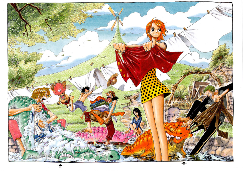 00s 2004 2girls 5boys antlers barefoot black_hair black_pants blonde_hair bridge bucket clothes clothes_pin clouds color_spread cover cover_page crocodile crocodilian dress earrings eyebrows green_hair hat jewelry laundry monkey_d_luffy multiple_boys multiple_girls nami_(one_piece) nico_robin oda_eiichirou official_art one_piece orange_hair outdoors overalls pants polka_dot red_pants reindeer roronoa_zoro sanji short_hair shorts soap straw_hat tattoo tony_tony_chopper topless usopp wash water water_wheel