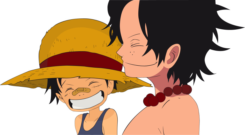 2boys absurdres bandaid beads black_hair closed_eyes east_blue grin hat highres monkey_d_luffy multiple_boys one_piece portgas_d_ace smile straw_hat younger