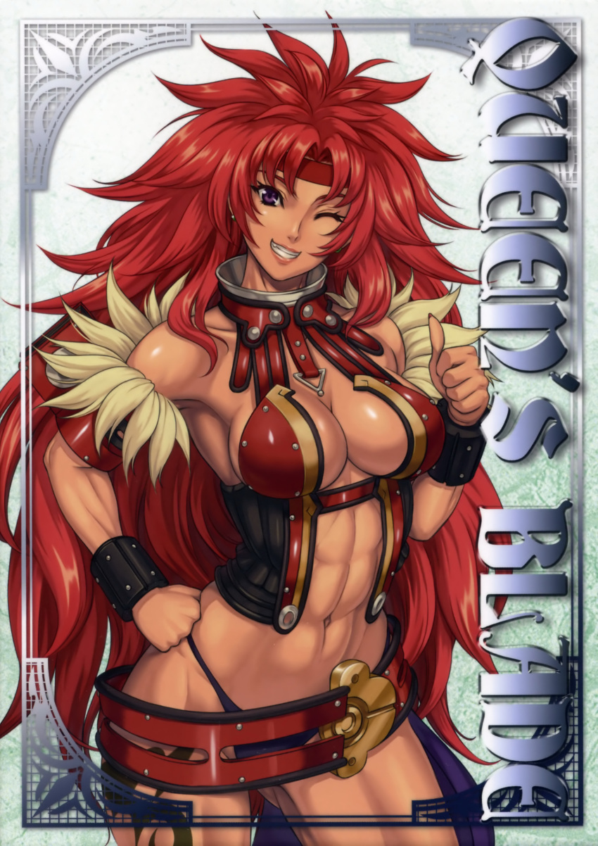 1girl abs absurdres armband belt bikini_bottom black_panties bracelet breasts center_opening cleavage corset_styled_armor dark_skin eiwa female fur grin hand_on_hip headband highres hips jewelry large_breasts leather_armor legs long_hair muscle nail_polish navel one_eye_closed panties queen's_blade red_nails redhead risty smile solo tattoo thighs thong thumbs_up toned underwear very_long_hair violet_eyes wink wristband