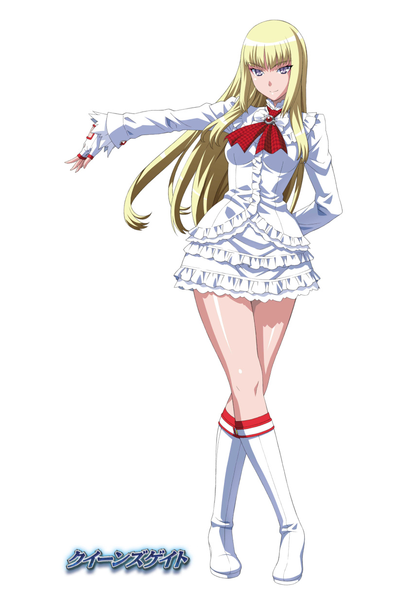 1girl absurdres anime_coloring arm_behind_back ascot bangs blonde_hair boots checkered_neckwear closed_mouth copyright_name crossed_legs_(standing) dress emilie_de_rochefort female fingerless_gloves full_body gloves highres knee_boots legs_crossed long_hair morita_kazuaki namco official_art outstretched_arm queen's_gate red_neckwear short_dress simple_background skirt solo standing tekken violet_eyes white_background white_boots white_dress white_footwear white_skirt