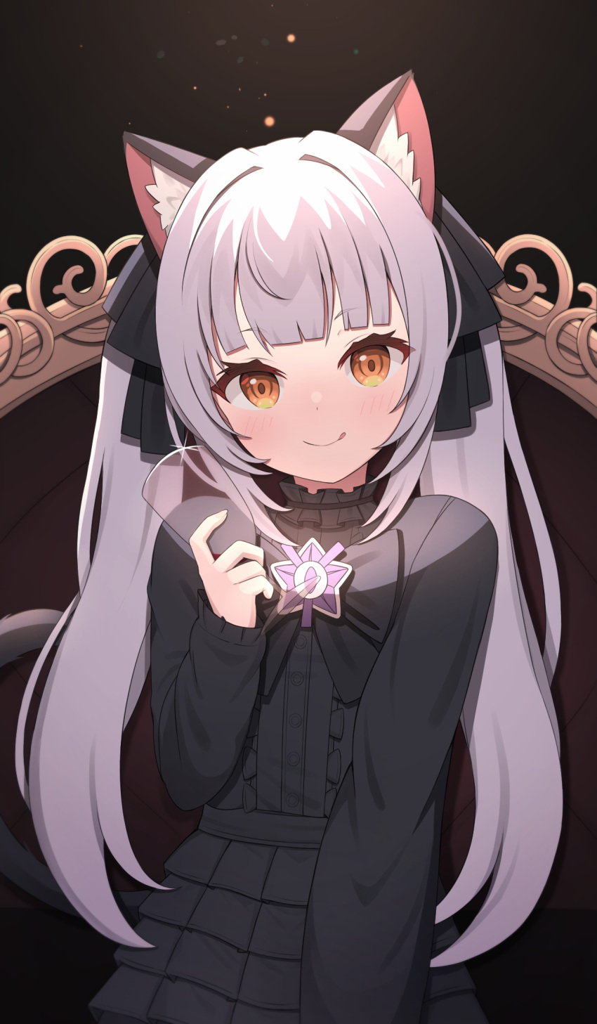 1girl :q animal_ear_fluff animal_ears bangs black_dress blunt_bangs brooch cat_ears closed_mouth commentary_request cup dark_background dress drinking_glass glint grey_background hand_up highres holding holding_cup hololive jewelry light_blush long_hair looking_at_viewer murasaki_shion orange_eyes silver_hair simple_background smile solo star_(symbol) starfox1015 tongue tongue_out upper_body very_long_hair virtual_youtuber