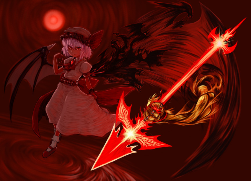 1girl animal arm_garter ascot bad_id bat belt brooch female frills full_body hat highres jewelry m.m mob_cap moon polearm puffy_short_sleeves puffy_sleeves red_moon remilia_scarlet shoes short_hair short_sleeves socks solo spear standing touhou vampire weapon white_legwear